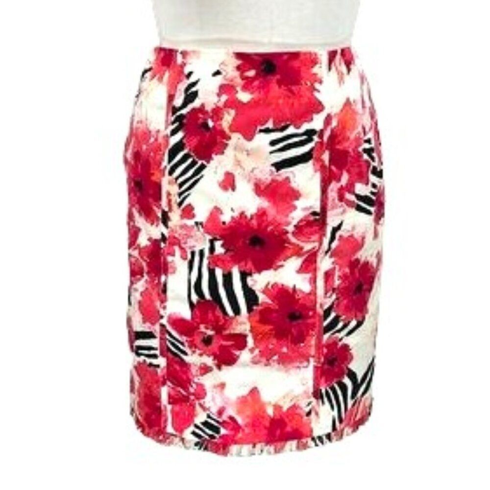 White House Black Market Red Floral A-Line Skirt with Black & White Accents